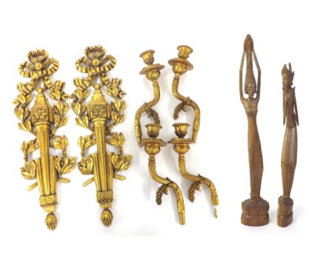 Box containing a collection of giltwood light fittings and wall mounts; together with a pair of African carved hardwood figur