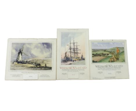 Three 1930s wall calendars produced by William Brown & Co. Limited, each decorated with a lithographic print to include Charl
