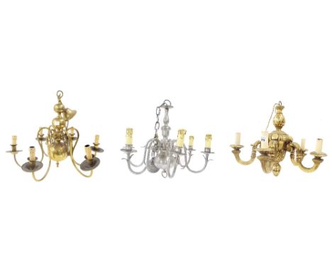 Giltwood and gesso five branch hanging ceiling light; together with two cast metal ceiling lights (3)