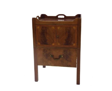 Georgian flame mahogany and boxwood inlaid tray top commode/pot cupboard, 30" high x 21" wide