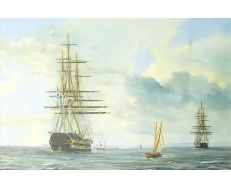 J*B*R* (20th/21st contemporary) - seascape with a Man O War in the foreground with other shipping and smaller vessels nearby,