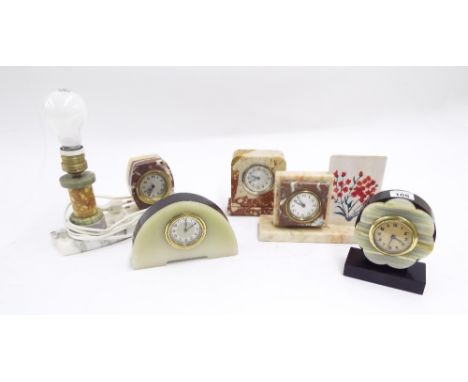 Collection of five various Art Deco wind-up novelty onyx and hardstone clocks, one fitted with a picture frame, the other wit