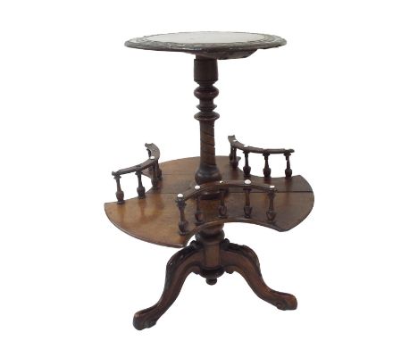 Interesting late 19th century walnut and mahogany two tier wine table, the moulded top with pokerwork rim upon a barley twist
