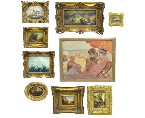 Collection of eight oleograph prints, all within elaborate gilded frames, together with a further print on board (9)