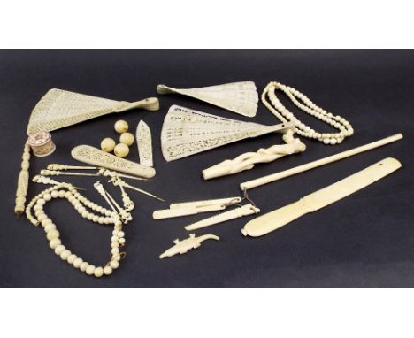 Bag of mixed ivory to include Canton pierced stick fans, page turner, beads etc