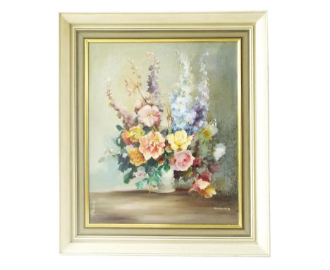 W* Reynard Hood (20th century) - still life of flowers in a vase, signed, oil on canvas, 24" x 20", framed