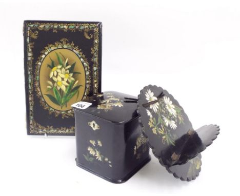 Collection of Victorian ebonised papier mache ware to include tea caddy with key and lock, folder inlaid with abalone and pai