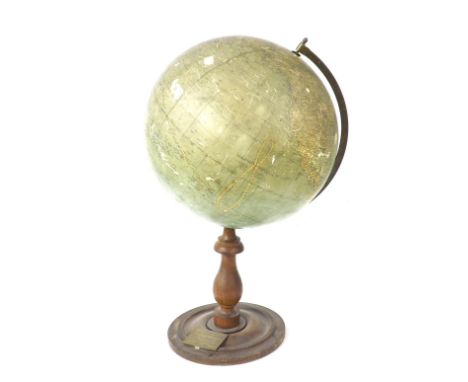 18" Bacon's Excelsior globe upon a turned wooden stand, the base mounted with a plaque inscribed 'Presented by P & O Cruises 