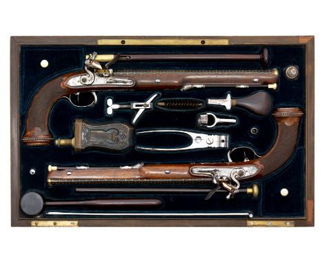 A FINE AND RARE CASED PAIR OF 28 BORE FRENCH FLINTLOCK PISTOLS OF PRESENTATION QUALITY BY BOUTET ET FILS A VERSAILLES, CIRCA 