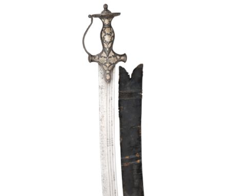 AN INDIAN SWORD (TALWAR) WITH SILVER-ENCRUSTED HILT, LATE 18TH/EARLY 19TH CENTURY with curved blade double-edged towards the 