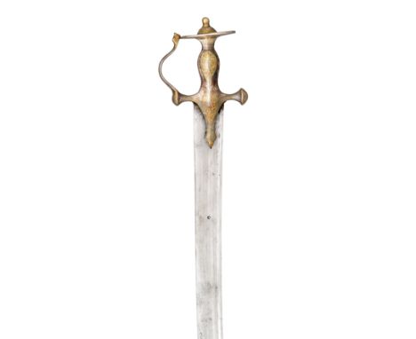 AN INDIAN SWORD (TALWAR), 18TH CENTURY with broad curved blade double-edged towards the point, cut with a narrow fuller along