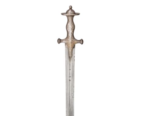 AN UNUSUAL INDIAN SWORD (TALWAR), 19TH CENTURY with straight double-edged blade with traces of an inscription within a short 