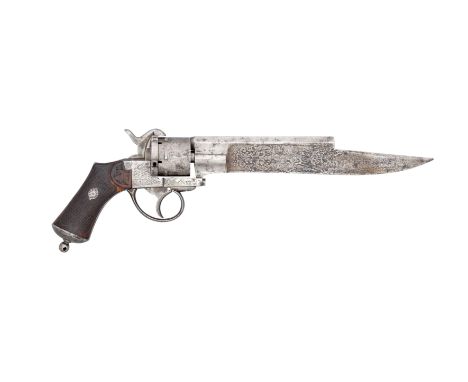 A 120 BORE DUMONTHIER B.S.C.D. COMBINED PIN-FIRE REVOLVER AND DAGGER, NO. 6154, CIRCA 1870 with robust blade formed with a cl