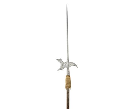 A GERMAN HALBERD, LAST QUARTER OF THE 16TH CENTURY with long terminal spike of diamond-section, curved axe-blade pierced with