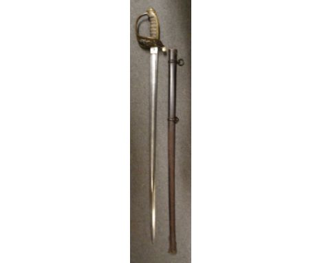 A VICTORIAN 1845 PATTERN INFANTRY OFFICER'S SWORD, 19TH CENTURY of regulation type, with etched blade, brass hilt, wire-bound