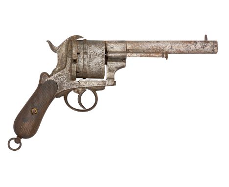 A FRENCH 15MM SIX-SHOT PIN-FIRE REVOLVER, CIRCA 1860 with rounded sighted barrel, engraved faceted breech, fitted with cleari