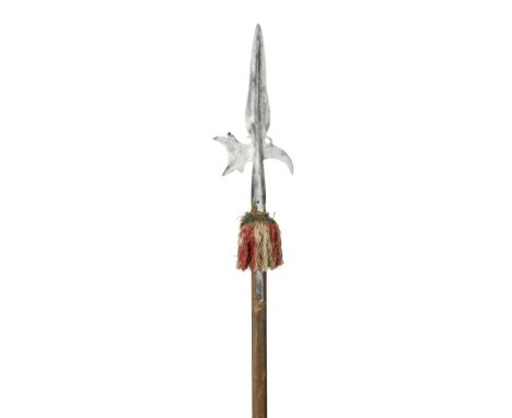 A NORTH EUROPEAN HALBERD, 17TH CENTURY with leaf-shaped terminal blade formed with a medial ridge, curved axe-blade formed wi