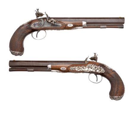 ˜The Property of a Gentleman AN EXCEPTIONAL CASED PAIR OF 30 BORE SILVER-MOUNTED FLINTLOCK DUELLING PISTOLS OF PRESENTATION Q