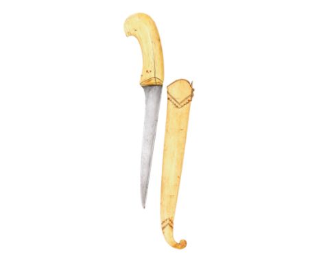 ˜A RARE INDIAN IVORY-MOUNTED DAGGER (PESH-KABZ), 18TH CENTURY with straight single-edged blade formed with a reinforced back-