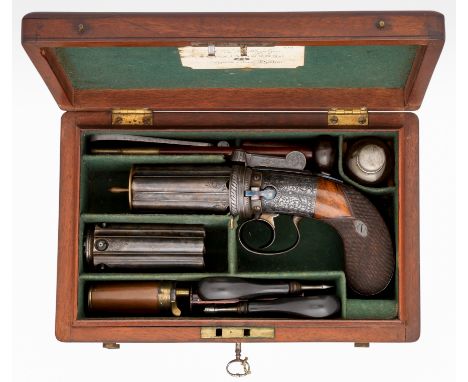 **A FINE AND RARE CASED 54 BORE IRISH SIX-SHOT PERCUSSION PEPPERBOX REVOLVER BY WILLIAM & JOHN RIGBY, DUBLIN, NO. 10718 FOR 1