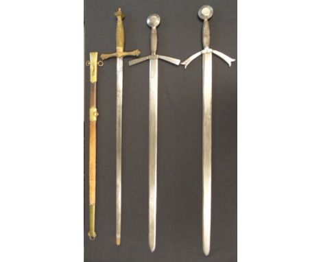 THREE KNIGHTLY SWORDS IN 15TH CENTURY STYLE, LATE 19TH AND 20TH CENTURIES the first and second with flat blade, cruciform hil