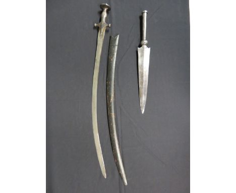 AN INDIAN SWORD (TALWAR) AND AN INDIAN SPEAR, 19TH CENTURY the first with curved bladed double-edged towards the point, silve