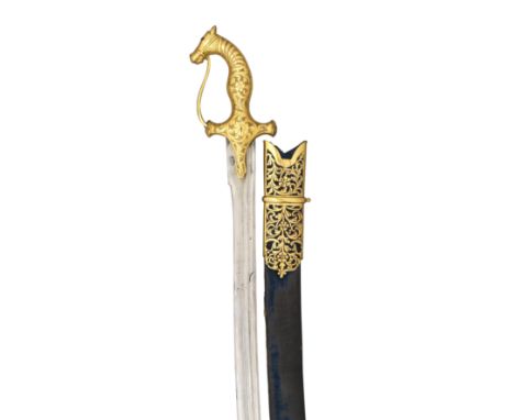 AN INDIAN SWORD (TALWAR), LATE 19TH CENTURY with curved blade double-edged towards the point, formed with a pair of long full