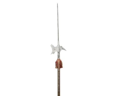 A GERMAN HALBERD, LAST QUARTER OF THE 16TH CENTURY, with long terminal spike of diamond-section, angular axe-blade (top re-sh