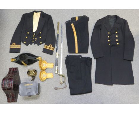 A NAVAL OFFFICER'S SWORD, COCKED HAT, EPAULETTES, AND ELEMENTS OF UNIFORM FIRST HALF OF THE 20TH CENTURY the sword with etche