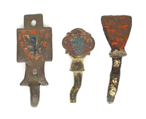 TWO MEDIEVAL COPPER-ALLOY AND ENAMEL HORSE-HARNESS HERALDIC MOUNTS, 13TH/14TH CENTURY one decorated with a red dragon on each