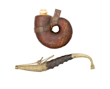 ˜TWO INDIAN POWDER-FLASKS, 18TH CENTURY; THREE BULLET MOULDS; AND A CLEANING ROD the first of horn, with engraved brass termi