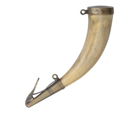 A SMALL PRIMING FLASK FOR THE 9TH BATTALION OF THE ROYAL REGIMENT OF ARTILLERY, CIRCA 1790-1815 of polished horn, with brass 