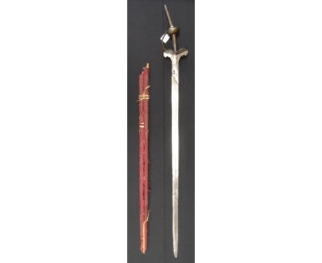 **AN INDIAN SWORD (KHANDA), 18TH CENTURY with long fullered European blade, iron hilt of characteristic form extending over t