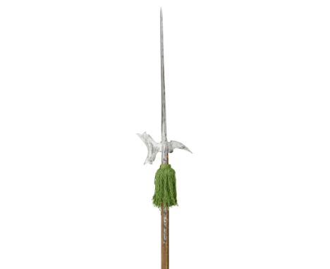 A NORTH EUROPEAN HALBERD, 17TH CENTURY with long terminal spike of diamond-section, curved axe-blade pierced with a group of 