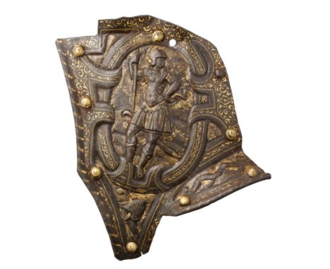 A FINE AND IMPORTANT NORTH ITALIAN LEFT CHEEK-PIECE OF A BURGONET WITH EMBOSSED AND DAMASCENED DECORATION, MILANESE, CIRCA 15