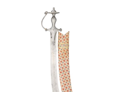 AN INDIAN SWORD (TALWAR), 19TH CENTURY with curved broad blade double-edged towards the point, iron hilt of characteristic fo