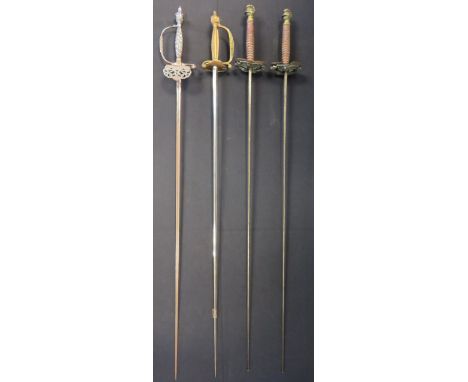 TWO EPEES AND TWO COURT SWORDS 19TH AND EARLY 20TH CENTURY the first two with tapering blades terminating in a button-shaped 