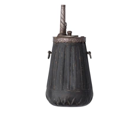 AN ITALIAN POWDER-FLASK, EARLY 17TH CENTURY with tooled leather body, the inner portion faced in iron and fitted with a short