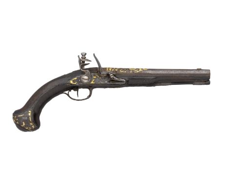 A 22 BORE FRENCH FLINTLOCK HOLSTER PISTOL BY CHASTEAU A PARIS, CIRCA 1760 with tapering barrel fitted with silver bead fore-s