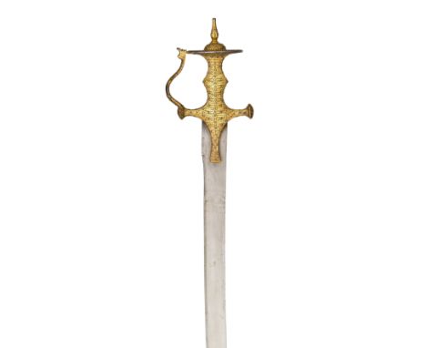 AN INDIAN SWORD (TALWAR), 18TH/EARLY 19TH CENTURY with curved blade double-edged towards the point, iron hilt of characterist
