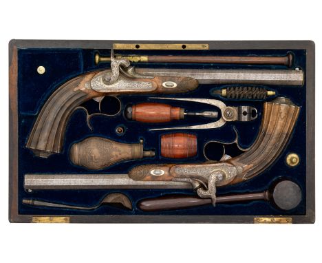 A CASED PAIR OF 32 BORE FRENCH PERCUSSION RIFLED TARGET PISTOLS BY VASSELLON A MARSEILLES, MID-19TH CENTURY with octagonal et