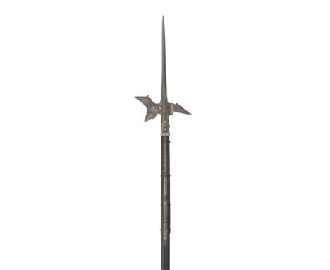 STYRIAN HALBERD, LAST QUARTER OF THE 16TH CENTURY  with tapering terminal spike, small curved axe-blade pierced with three gr