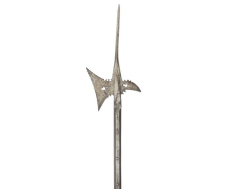 A GERMAN HALBERD, LATE 16TH CENTURY with central spike of diamond section, forward leaning slightly curved axe-blade pierced 