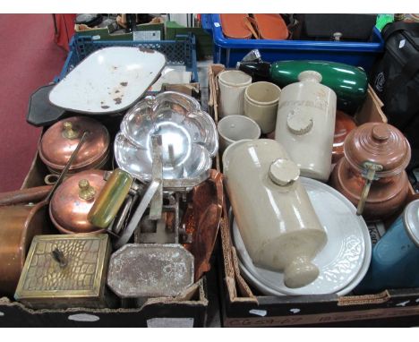 Kitchen Scales and Weights, copper and other storage jars, XIX Century brass saucepan, stoneware hot water bottles, soda siph