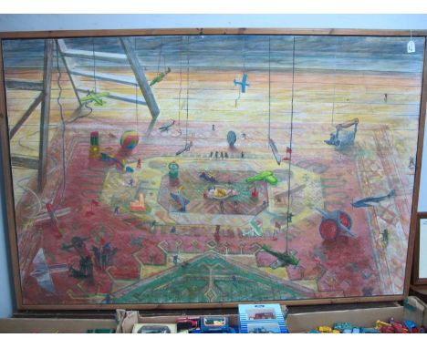 Paul Curtis (Sheffield Artist) Surrealist Study, with toy planes and soldiers, large step ladders, on rug, oil on canvas, det