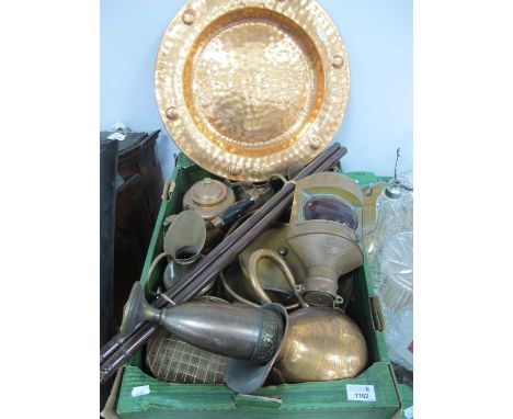 A large collection of brass ware to include large display tray, CWC port light kettles, jugs, rose bowls etc.