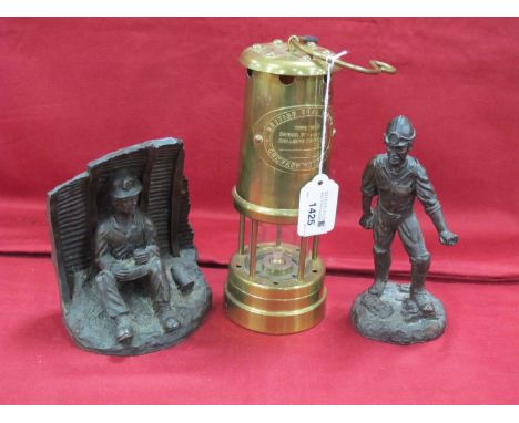 British Coal Mining Company Wales Brass Miners Lamp, type vale serial no 12893; two figures of miners (3).