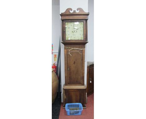 An Early XIX Century Mahogany and Oak Longcase Clock, the white dial with Arabic numerals, date box and minute aperture, insc