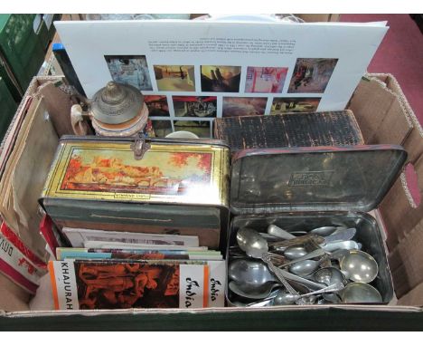 German Stein, Dali by Paul Moorhouse, advertising tins, plated spoons, XIX Century Bible, Bluebird toffee, and chocolate tins