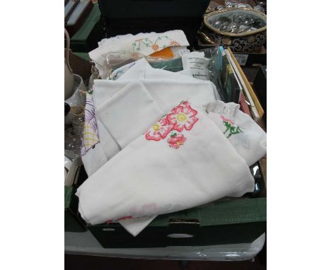 Vintage Tablecloths, embroidered tablecloths, napkins, etc:- One Box